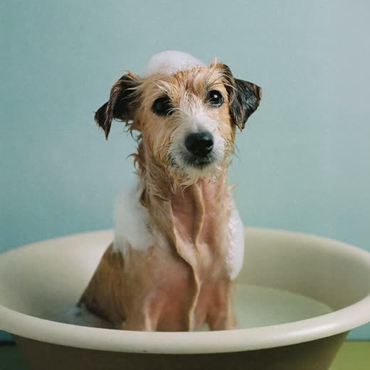 A terrier being bathed, suds on its coat