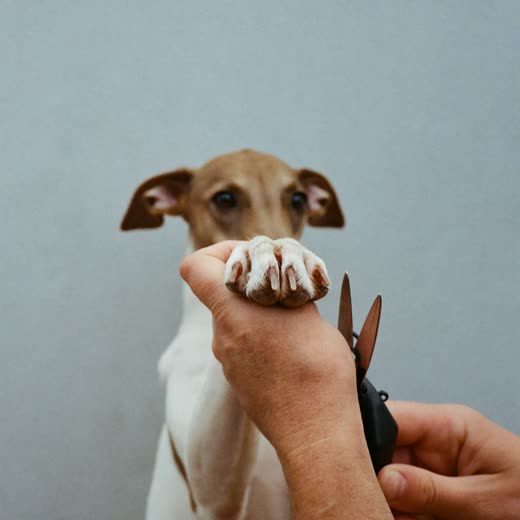 A dog's paw held in a pair of hands for a nail trim