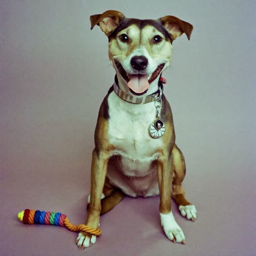A cheerful dog sitting beside a rope toy